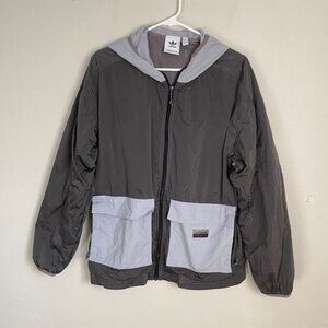 Adidas Mens Two-Tone Utility Gray Hooded Windbreaker Jacket S 100% Nylon Pockets